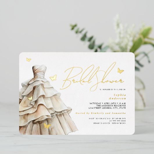 Gouden Vlinder Beige Trouwjurk Vrijgezellenfeest Folie Uitnodiging (Staand Voorkant)