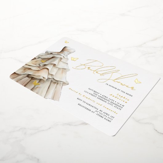 Gouden Vlinder Beige Trouwjurk Vrijgezellenfeest Folie Uitnodiging (Gedraaid)