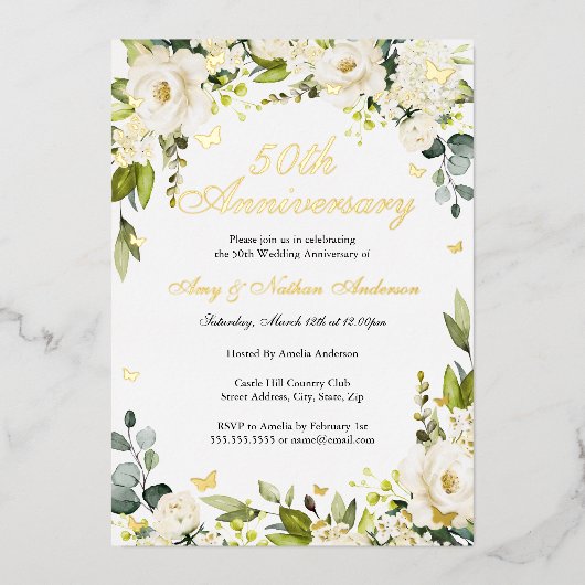 Gouden Vlinder Bloemen 50ste bruiloft Jubileum Folie Uitnodiging (Voorkant)