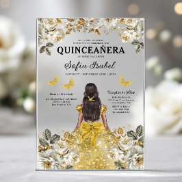 Gouden Vlinder Bloemige Princess Quinceanera Acryl Uitnodigingen