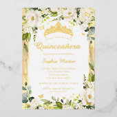 Gouden Vlinder Champagne Bloemen Quinceanera Folie Uitnodiging (Voorkant)