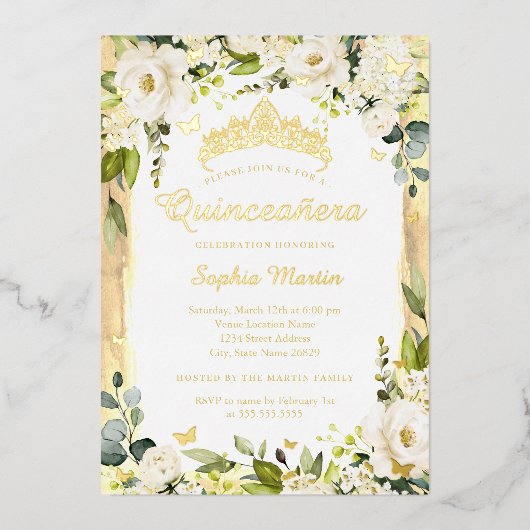 Gouden Vlinder Champagne Bloemen Quinceanera Folie Uitnodiging (Voorkant)