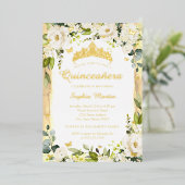Gouden Vlinder Champagne Bloemen Quinceanera Folie Uitnodiging (Staand Voorkant)
