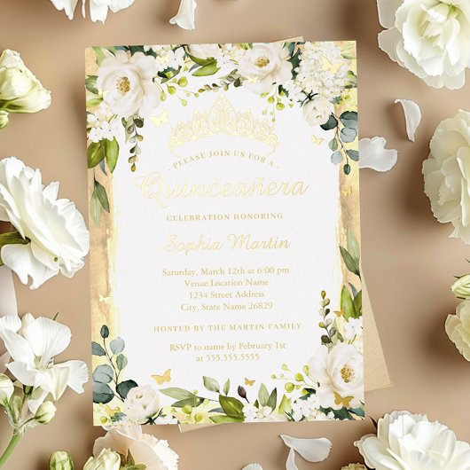 Gouden Vlinder Champagne Bloemen Quinceanera Folie Uitnodiging