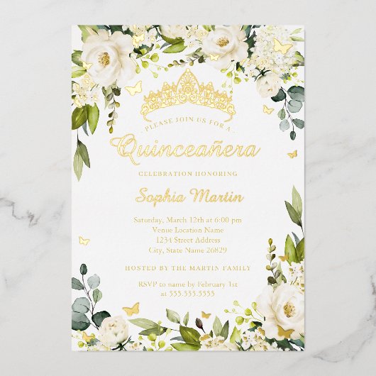Gouden vlinder Champagne Floral Quinceanera Folie Uitnodiging (Voorkant)