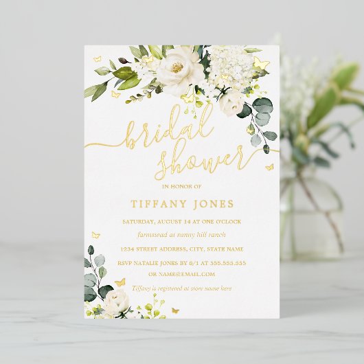 Gouden vlinder Champagne Floral Vrijgezellenfeest Folie Uitnodiging (Staand Voorkant)