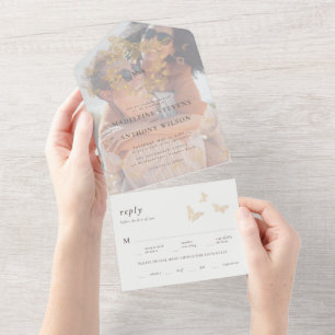 Gouden Vlinder Elegante Romantische Foto Één Huwel All In One Uitnodiging