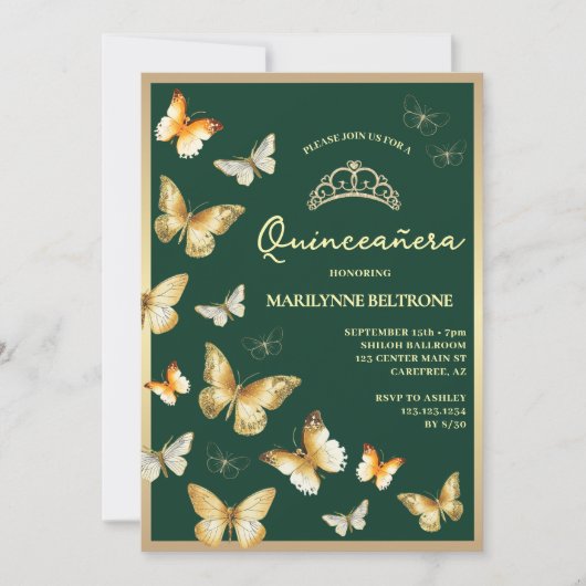 Gouden vlinder Emerald Green Quinceañera Kaart (Voorkant)