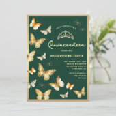 Gouden vlinder Emerald Green Quinceañera Kaart (Staand voorkant)