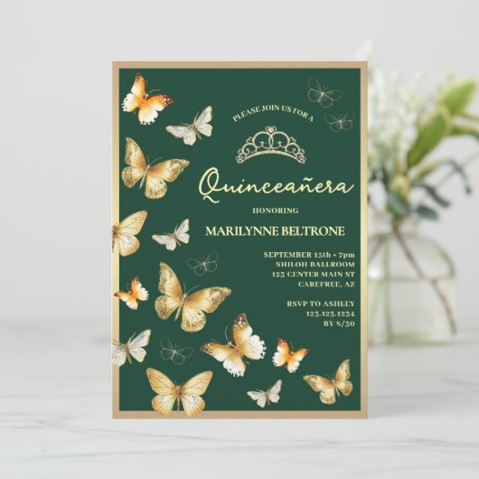 Gouden vlinder Emerald Green Quinceañera Kaart (Staand voorkant)
