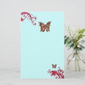 GOUDEN VLINDER EN RODE BESJES Blauwgroene Bloemen Briefpapier (Staand voorkant)