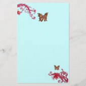 GOUDEN VLINDER EN RODE BESJES Teal Blauwe Bloemen Briefpapier (Achterkant)