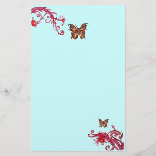 GOUDEN VLINDER EN RODE BESJES Teal Blauwe Bloemen Briefpapier (Achterkant)