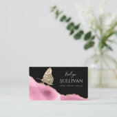 gouden vlinder en roze taille op zwart visitekaartje (Staand voorkant)