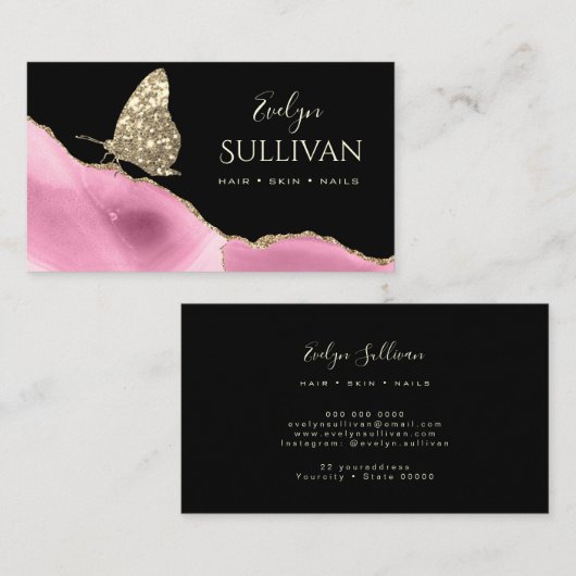 gouden vlinder en roze taille op zwart visitekaartje (Voorkant / Achterkant)