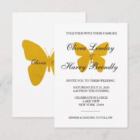 Gouden vlinder - Faux Folie bruiloft uitnodiging (Voorkant / Achterkant)