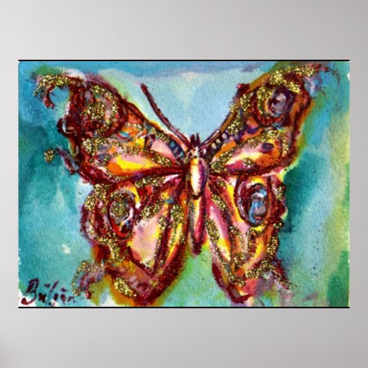 Gouden vlinder in blauw poster (Voorkant)