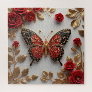 Gouden vlinder met rode rozen en gouden bladeren legpuzzel