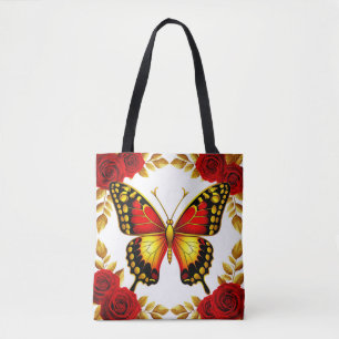 Gouden Vlinder Met Rode Rozen En Gouden Bladeren Tote Bag