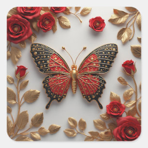 Gouden vlinder met rode rozen en gouden bladeren vierkante sticker