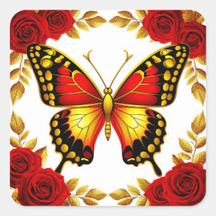 Gouden Vlinder Met Rode Rozen En Gouden Bladeren Vierkante Sticker