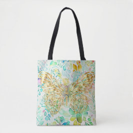 Gouden Vlinder op Bloemen Tote Bag