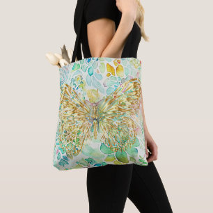 Gouden Vlinder op Bloemen Tote Bag