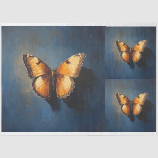 Gouden Vlinder op Donkerblauw X3 Decoupage Tissuepapier (Voorkant)