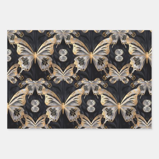 Gouden vlinder op zwarte achtergrond inpakpapier vel (Voorkant 2)