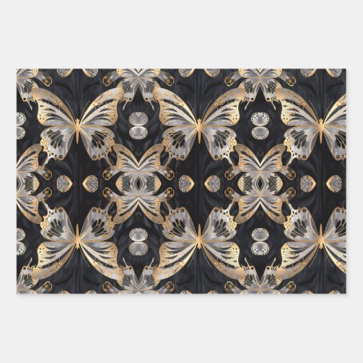 Gouden vlinder op zwarte achtergrond inpakpapier vel (Voorkant)