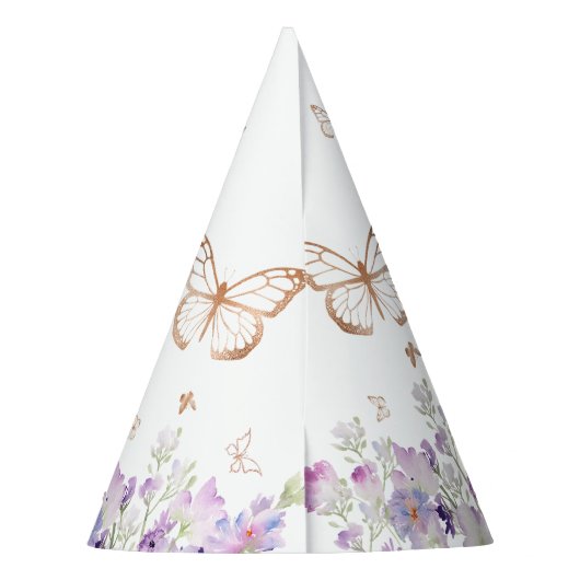 Gouden vlinder paarse bloemen verjaardag feesthoedjes (Achterkant)
