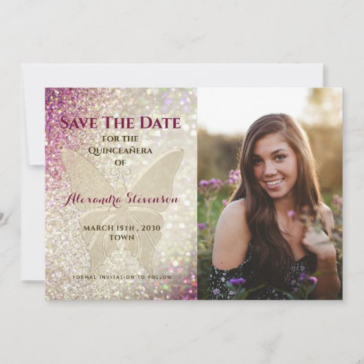 Gouden Vlinder Quinceañera Save The Date (Voorkant)