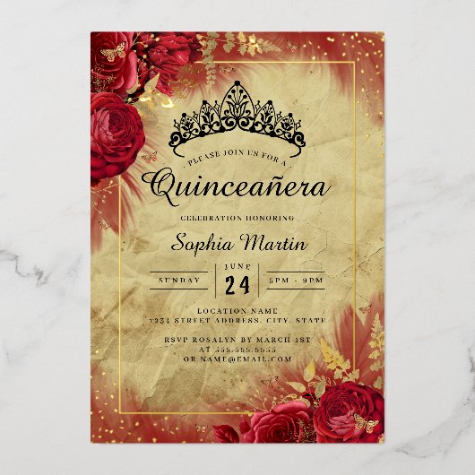 Gouden  Vlinder Rode Bloemen Quinceanera Folie Uitnodiging (Voorkant)