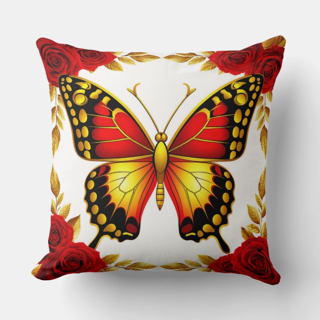 🦋 Gouden Vlinder Rode Rozen Luxe Huis Stijl Kussen (Voorkant)
