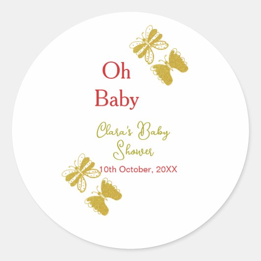 Gouden vlinder rood baby shower oh baby modern ronde sticker (Voorkant)