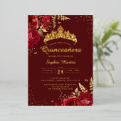 Gouden Vlinder Rood Goud Bloemen Quinceanera Folie Uitnodiging (Staand Voorkant)