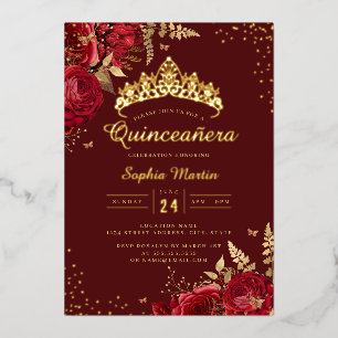 Gouden Vlinder Rood Goud Bloemige Quinceanera Folie Uitnodiging