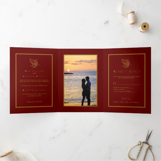 Gouden Vlinder, Rood & Goud Trouwsuite Drieluik Uitnodiging (Binnen)