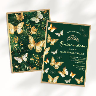 Gouden Vlinder Smaragdgroene Quinceañera Kaart