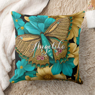 Gouden Vlinder Turquoise Bloemen Gepersonaliseerde Kussen