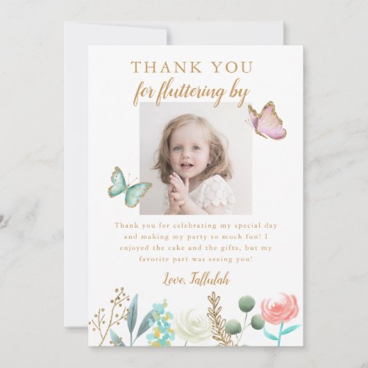 Gouden vlinder verjaardagsfeestfoto bedankkaart (Voorkant)