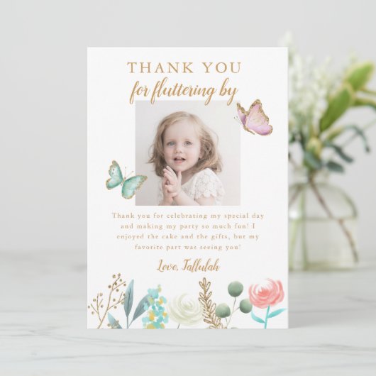 Gouden vlinder verjaardagsfeestfoto bedankkaart (Staand voorkant)
