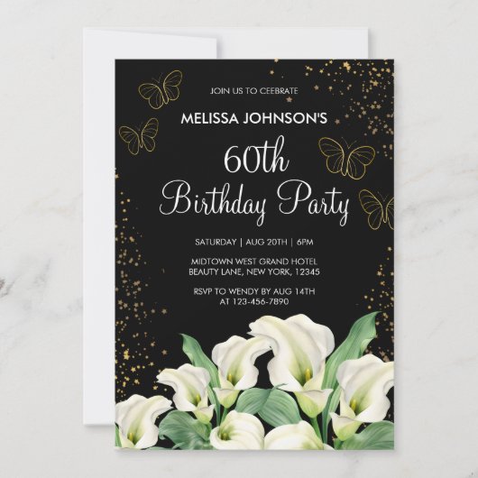 Gouden Vlinder Wit Calla Lily Zwart Verjaardag Kaart (Voorkant)