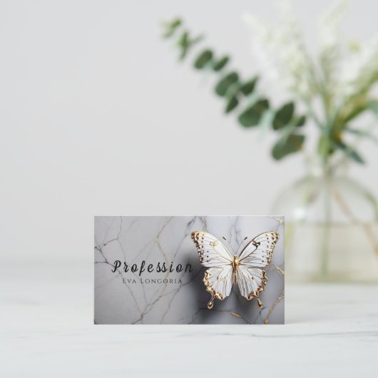 Gouden vlinder wit marmer visitekaartje (Staand voorkant)