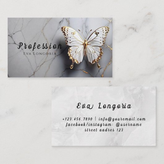 Gouden vlinder wit marmer visitekaartje (Voorkant / Achterkant)