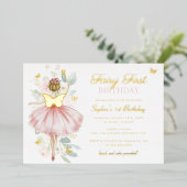 Gouden Vlinderfee Eerste 1e Verjaardag Folie Uitnodiging (Staand Voorkant)