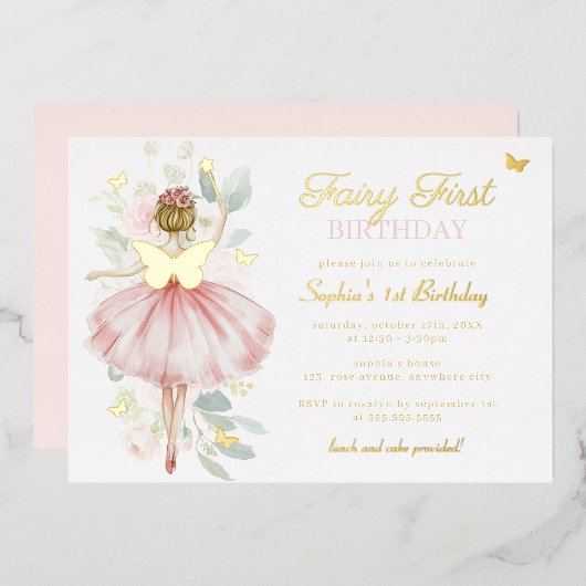 Gouden Vlinderfee Eerste 1e Verjaardag Folie Uitnodiging (Voorkant / Achterkant)