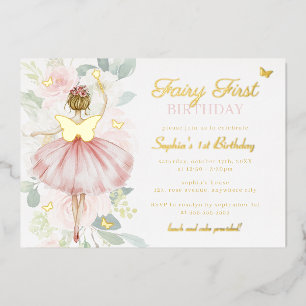 Gouden Vlinderfee Eerste 1e Verjaardag Folie Uitnodiging