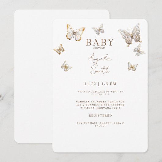 Gouden Vlinders Baby Meisje Douche Kaart (Voorkant / Achterkant)