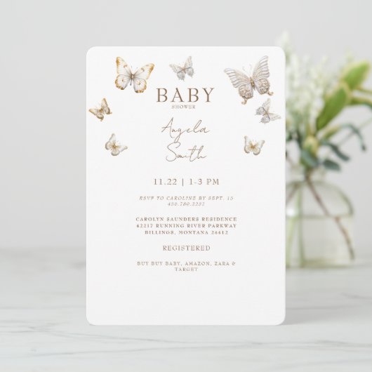 Gouden Vlinders Baby Meisje Douche Kaart (Staand voorkant)